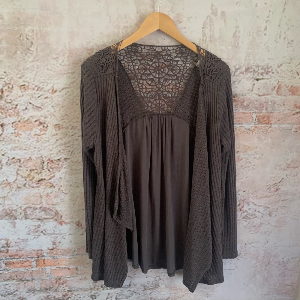 Knox Rose Crochet Back Open Cardigan in Chocolate Brown